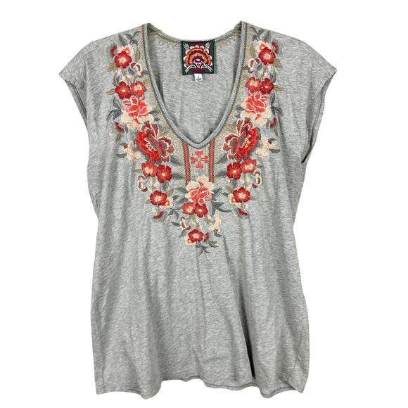 Johnny Was Tops - Johnny Was Grey Floral Embroidered Tunic V Neck Boho Top S
